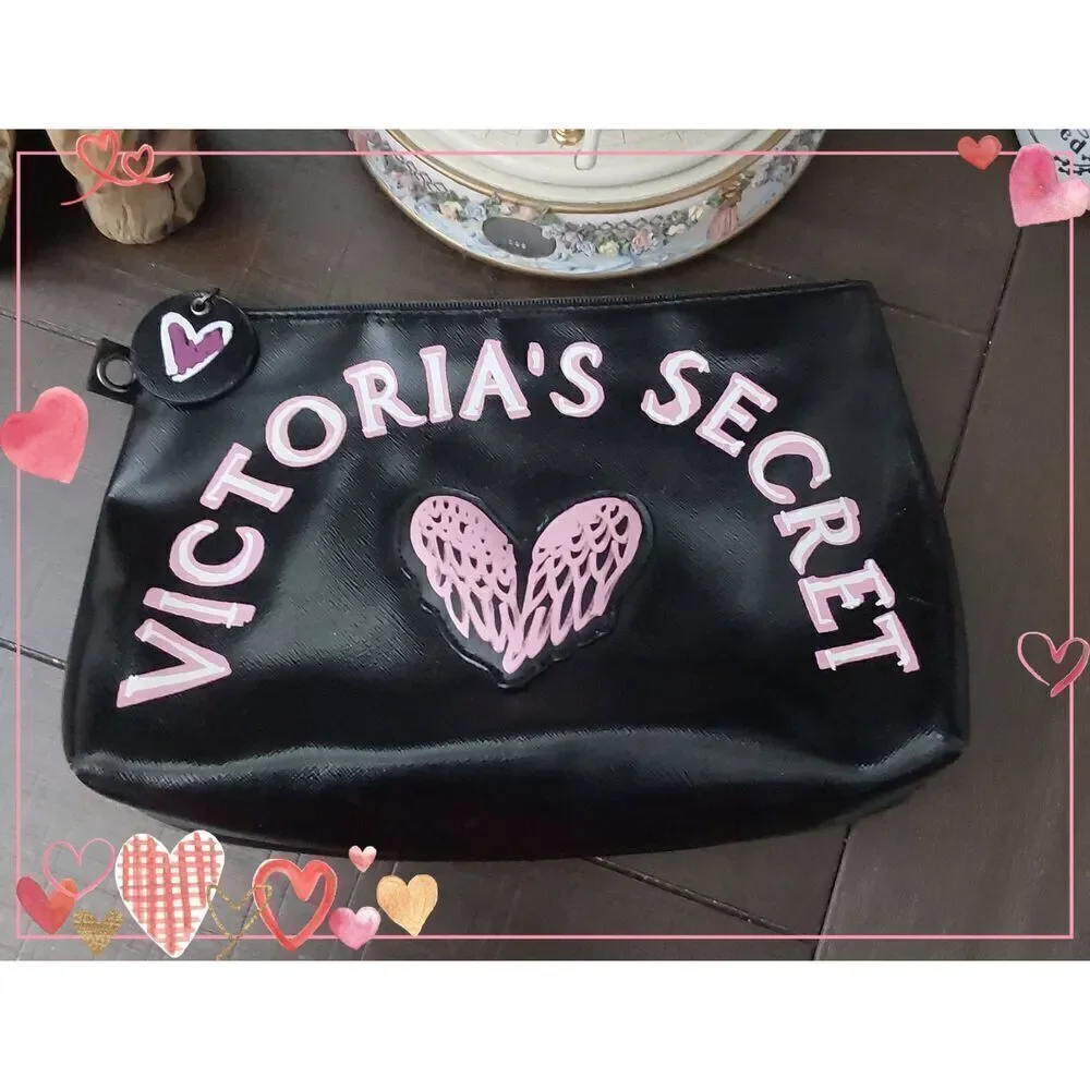 VICTORIAS SECRET Black & Pink Vinyl Winged Heart Embossed Roomy Makeup Bag